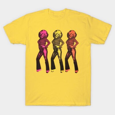 Yellow graphic t-shirt with colorful retro print, casual style, cotton material, perfect for everyday wear.