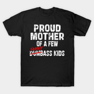 Black cotton t-shirt with humorous text design, "Proud Mother of Smart Kids," ideal for casual wear.