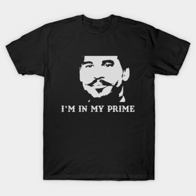 Black graphic tee with "I'm in My Prime" text and mustache design. Casual wear, cotton material, unisex style.