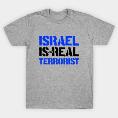 Gray t-shirt with bold blue and black text design, casual style, comfortable cotton material, suitable for everyday wear.