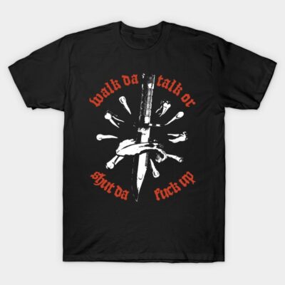 Black T-shirt with bold graphic design and red text, featuring a knife and hand motif. Casual streetwear style.