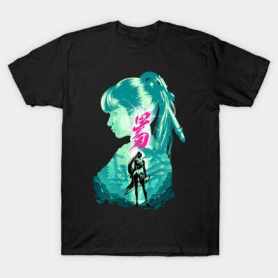 Black graphic t-shirt featuring a vibrant teal and pink cyberpunk design, perfect for casual wear.