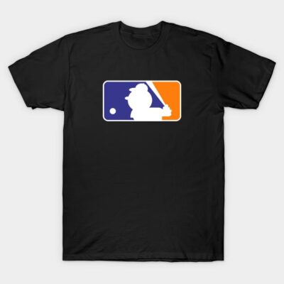Black T-shirt with colorful baseball logo design, casual wear, soft cotton material, unisex style for everyday use.