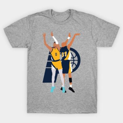 Gray basketball-themed t-shirt with graphic print, featuring yellow and navy design, casual wear, soft cotton material.