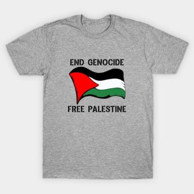 Gray T-shirt featuring a Palestinian flag design and message, made from soft cotton, ideal for casual wear and statement fashion.