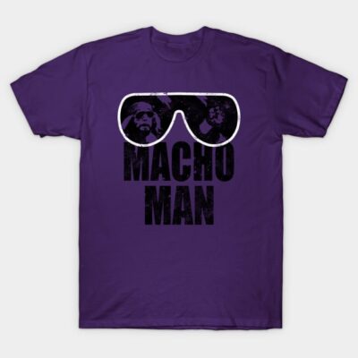 Purple graphic T-shirt with "Macho Man" text and sunglasses design, casual wear, cotton material.