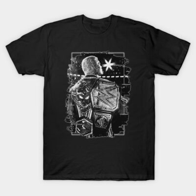 Black graphic T-shirt featuring championship belt design, cotton material, casual style for everyday wear.