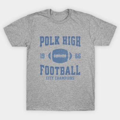 Gray "Polk High Football" t-shirt with blue text, featuring 1966 city champions design. Casual wear, cotton fabric.