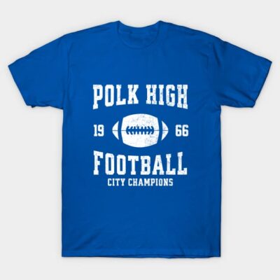 Blue "Polk High Football" t-shirt, vintage style, cotton material, perfect for sports fans and casual wear.