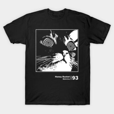 Black graphic t-shirt with abstract cat design, featuring text "Honey Bucket Melvins 93". Casual wear, cotton material.
