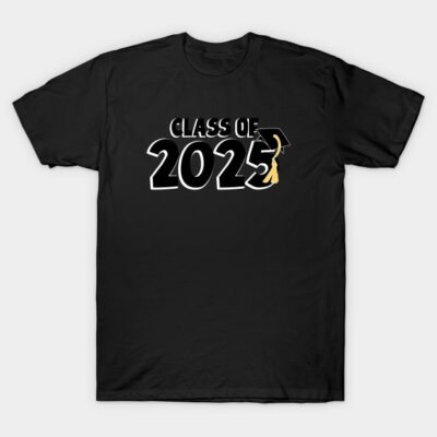Black "Class of 2025" T-shirt with graduation cap graphic, cotton material, perfect for graduates, casual style.