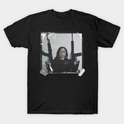 Black graphic t-shirt featuring a photo print design, casual wear, cotton blend, unisex style.