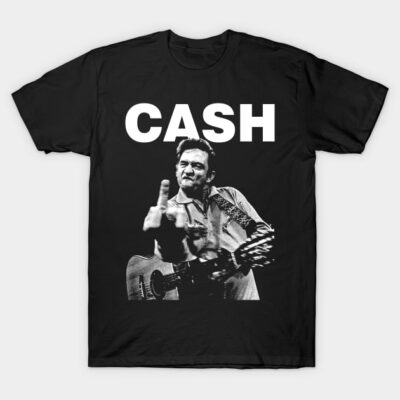 Black t-shirt with bold "CASH" text and monochrome guitar print, casual style, 100% cotton, unisex design.