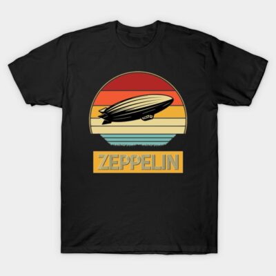 Black t-shirt with retro Zeppelin graphic, featuring colorful stripes and bold text design, perfect for casual wear.