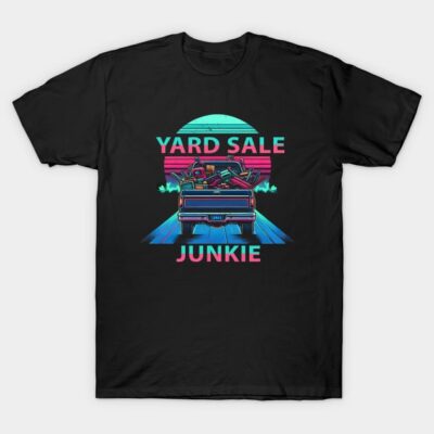 Black graphic t-shirt with "Yard Sale Junkie" design, featuring a retro car and sunset theme, perfect for casual wear.
