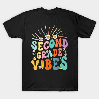 Black t-shirt with colorful "Second Grade Vibes" print, featuring playful font and floral accents, perfect for school kids.