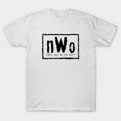 White cotton t-shirt with black "nWo new world order" graphic, casual style, perfect for everyday wear.