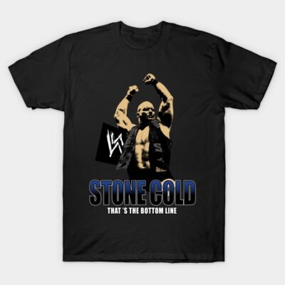 Black graphic t-shirt featuring bold text and a dynamic design, perfect for casual wear and fans of wrestling themes.