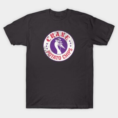 Black t-shirt featuring vintage-style "Crane Potato Chips" logo, casual wear, soft cotton material.