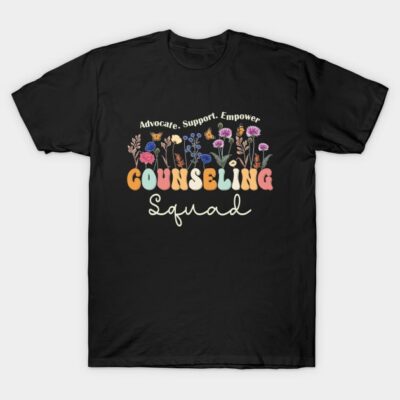 Black "Counseling Squad" T-shirt with colorful floral design, perfect for advocates. Soft cotton, casual style.