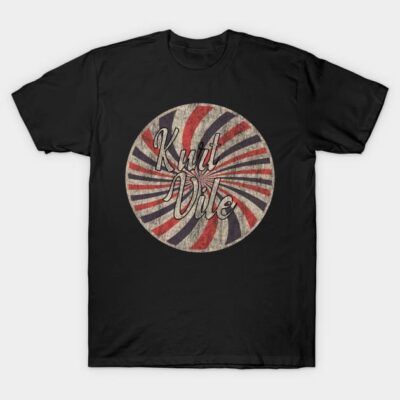 Black vintage-style t-shirt with retro spiral graphic and text design, perfect for casual wear.