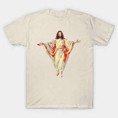 Beige graphic t-shirt with vibrant print, casual cotton material, ideal for everyday wear.