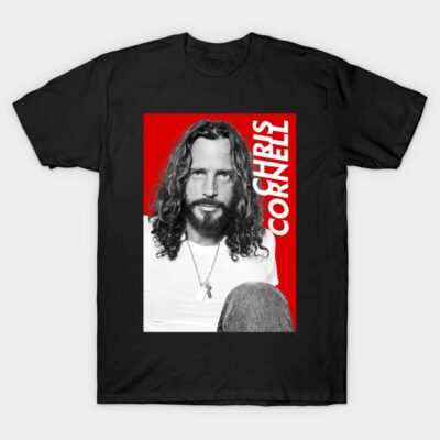 Black graphic t-shirt with bold red and white design, featuring artistic print. Casual wear, soft cotton material.