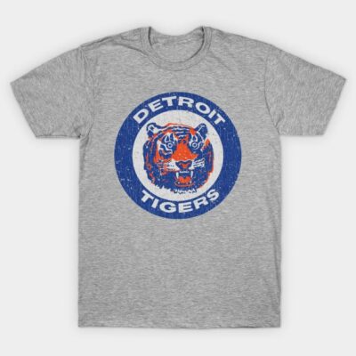 Heather gray Detroit Tigers graphic T-shirt, vintage style, soft cotton, casual wear.