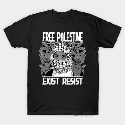 Black t-shirt with "Free Palestine Exist Resist" text and illustrated design, casual wear, cotton material.