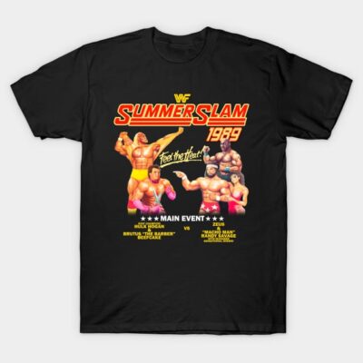 Black SummerSlam 1989 graphic t-shirt featuring colorful retro wrestling design, perfect for vintage sports fans.