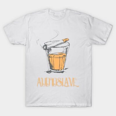 White cotton T-shirt featuring a graphic of a drink and cigarette, casual style, suitable for everyday wear.