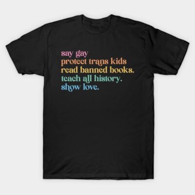 Black cotton T-shirt with colorful text promoting inclusivity and education, casual style for everyday wear.