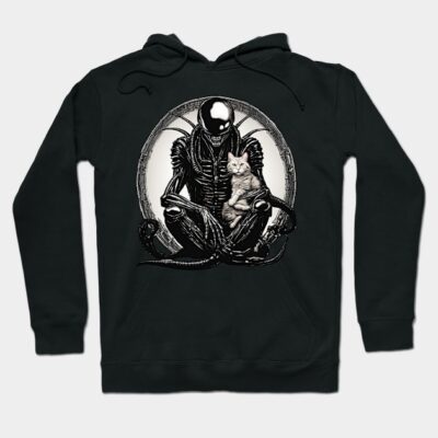 Black hoodie with alien and cat graphic, cozy design, unisex, cotton blend, casual wear, perfect for sci-fi fans.