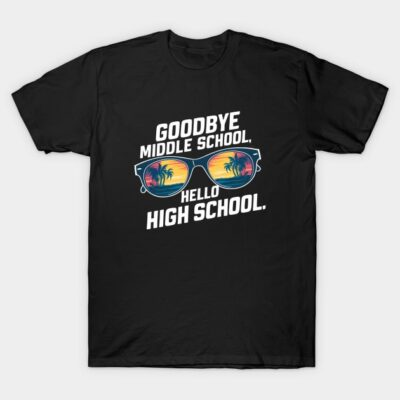 Black T-shirt with "Goodbye Middle School, Hello High School" text and sunglasses graphic, casual wear for students.