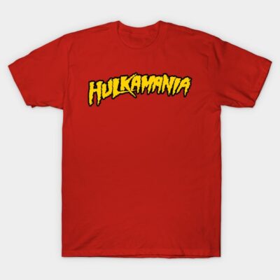Red "Hulkamania" graphic T-shirt, cotton, casual wear, unisex design, bold yellow text on front.