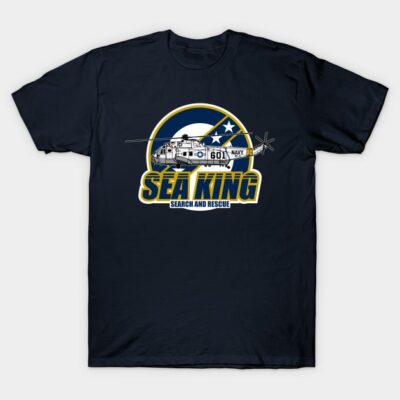 Navy blue Sea King helicopter graphic t-shirt, short sleeve, cotton, casual wear.