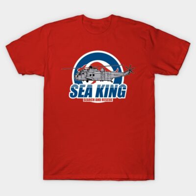 Red "Sea King Search and Rescue" graphic t-shirt, featuring helicopter design, casual cotton wear.