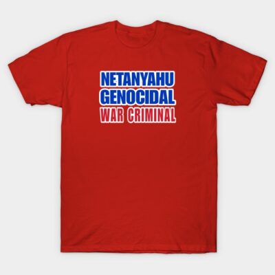 Red cotton t-shirt with bold printed text design, casual style, comfortable fit, suitable for everyday wear.