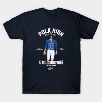Navy blue "Polk High Football" graphic tee, vintage sports style, cotton material, casual wear.