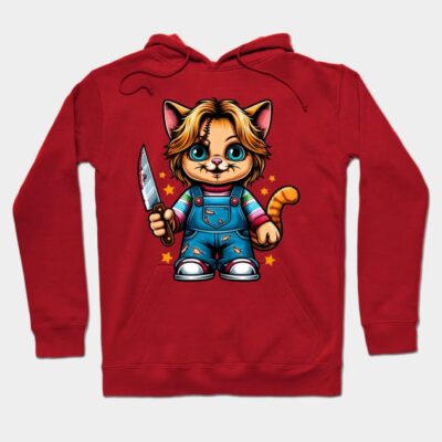 Red hoodie featuring cute cartoon cat with knife, colorful overalls, and star background. Cozy, stylish, casual wear.
