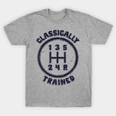 Gray t-shirt with "Classically Trained" text and manual gear shift design, casual wear, cotton blend material.