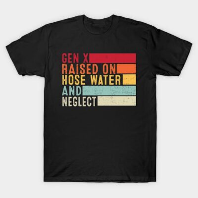 Black Gen X T-shirt with colorful retro text design, casual style, cotton material, ideal for daily wear.