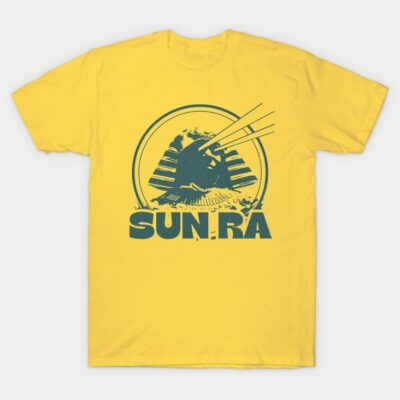 Yellow graphic tee with abstract black pyramid design and "Sun Ra" text, casual style, perfect for everyday wear.