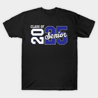 Black "Class of 2025 Senior" t-shirt, bold blue and white print, casual style, perfect for graduation or school events.