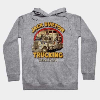 "Gray hoodie with vintage truck graphic, 'Jack Burton Trucking' text, casual wear, cotton blend material."