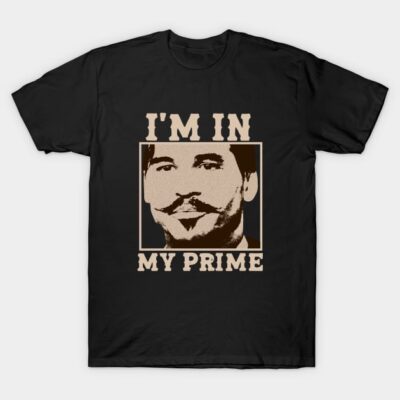 Black graphic t-shirt with vintage-style "I'm in My Prime" text and illustration, casual wear, cotton fabric.