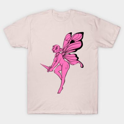"Pink fairy graphic t-shirt, cream color, short sleeve, casual wear, cotton material, unisex design."