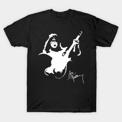 Black cotton t-shirt featuring a white silhouette of a guitar player with signature design, ideal for music enthusiasts.