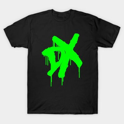 Black t-shirt with bold green graffiti-style "DX" logo, casual wear, 100% cotton, unisex design.