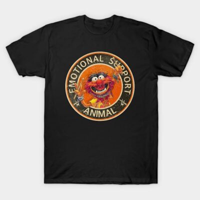 Black T-shirt with "Emotional Support Animal" graphic, featuring a colorful cartoon character. Cotton material, casual wear.